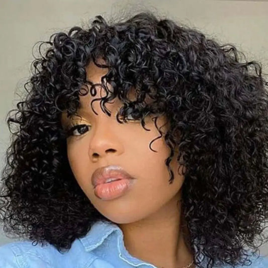Bob Wig Curly Human Hair Wig With Bangs 3x1 Lace Closure Bob Wig Natural Black 16 Inch Brazilian