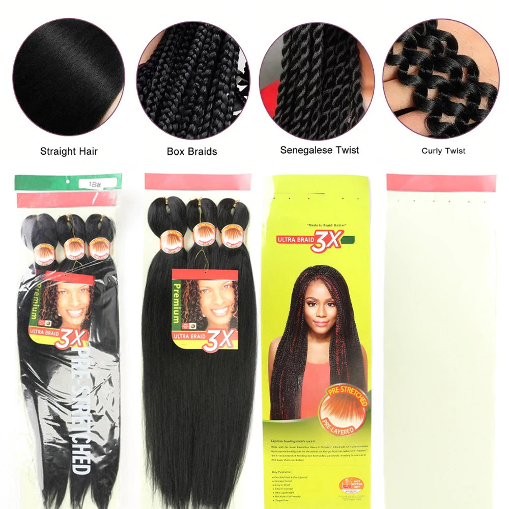 Pre Stretched Braiding Hair 26in 3 Packs Black Braiding Hair Synthetic Prestretched Braid Hair Extensions Crochet Twist Braids