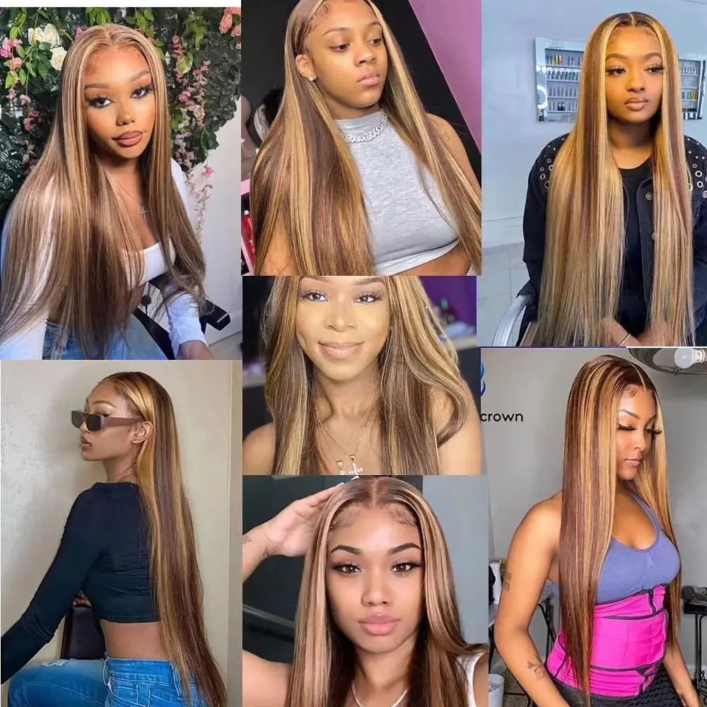 HD 13x6 Highlight Wig Human Hair Honey Blonde Brown Colored Lace Front Wigs Pre Plucked Bone Straight Lace Frontal Wig