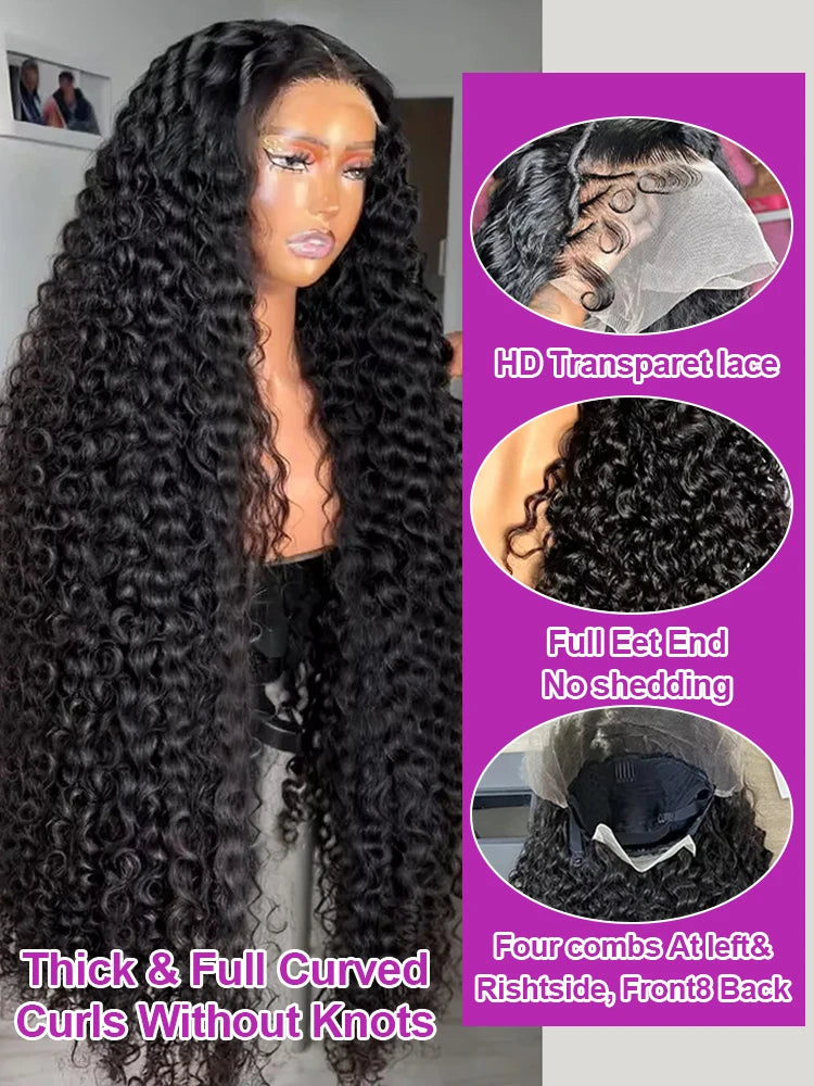40 46 Inch Human Hair 13x6 13x4 HD Lace Frontal Wig Brazilian Deep Wave Curly Glueless Human Hair Lace Front Wig Pre-plucked 300%