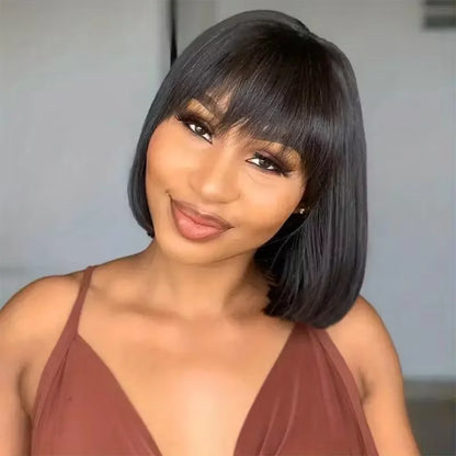 Straight Human Hair Bob Wigs With Bang Wigs 3x1 Middle Part Lace Wig Brazilian Natural Color 16 Inch