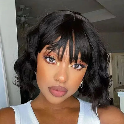 Body Wave Bob Wig With Bangs Short Human Hair Wigs 220% Density Loose Body Wave Brazilian Natural Black Color