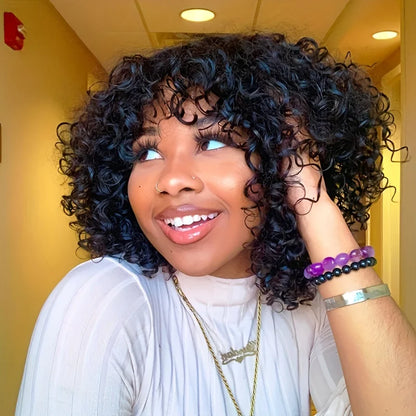 Bob Wig Curly Human Hair Wig With Bangs 3x1 Lace Closure Bob Wig Natural Black 16 Inch Brazilian