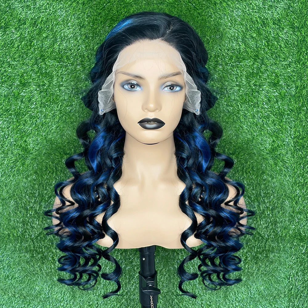 Highlight Black With Blue 13x6 Transparent Lace Frontal Wigs Human Hair Wig Brazilian  Hair Glueless Full Lace Wigs