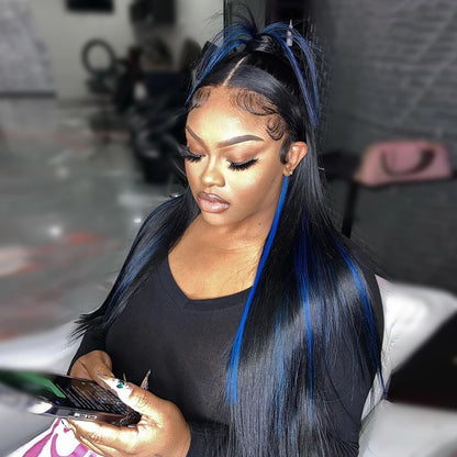 13*4 13*6 Straight Highlight Black With Blue Lace Frontal Wigs Human Hair Wig Brazilian Hair Full Lace Wigs