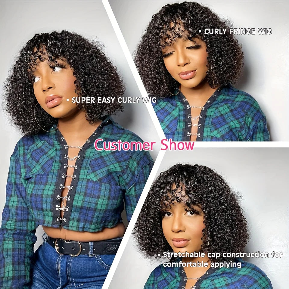 Bob Wig Curly Human Hair Wig With Bangs 3x1 Lace Closure Bob Wig Natural Black 16 Inch Brazilian