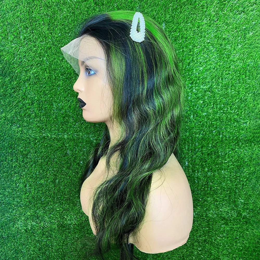 Highlight  Black With Green 13x6 Transparent Lace Frontal Wigs Human Hair Wig Brazilian  Hair 13x4 HD Full Lace Wigs