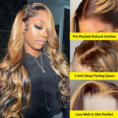Body Wave Brazilian Highlight Wig Human Hair 30 Inch Lace Front Wigs P4/27 Ombre Honey Brown Hd Frontal Straight