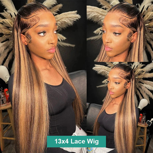 HD 13x6 Highlight Wig Human Hair Honey Blonde Brown Colored Lace Front Wigs Pre Plucked Bone Straight Lace Frontal Wig