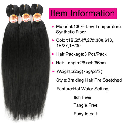 Pre Stretched Braiding Hair 26in 3 Packs Black Braiding Hair Synthetic Prestretched Braid Hair Extensions Crochet Twist Braids