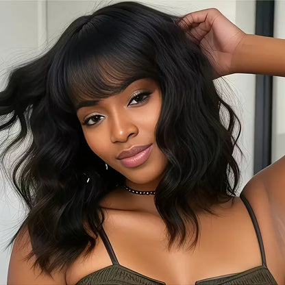 Body Wave Bob Wig With Bangs Short Human Hair Wigs 220% Density Loose Body Wave Brazilian Natural Black Color