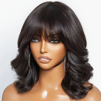 Body Wave Bob Wig With Bangs Short Human Hair Wigs 220% Density Loose Body Wave Brazilian Natural Black Color