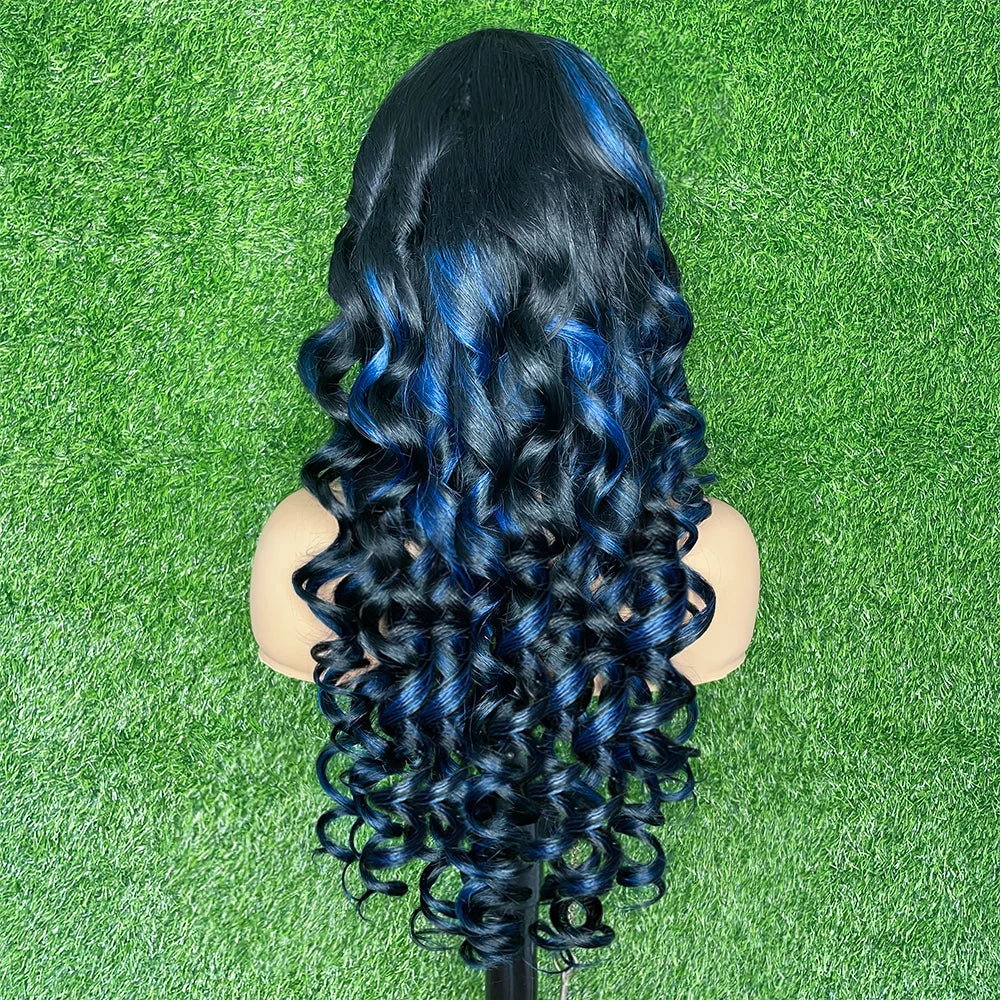 Highlight Black With Blue 13x6 Transparent Lace Frontal Wigs Human Hair Wig Brazilian  Hair Glueless Full Lace Wigs