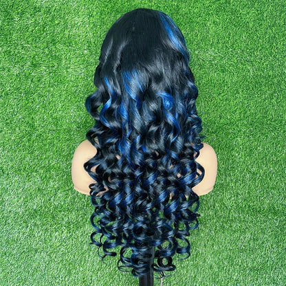 Highlight Black With Blue 13x6 Transparent Lace Frontal Wigs Human Hair Wig Brazilian  Hair Glueless Full Lace Wigs