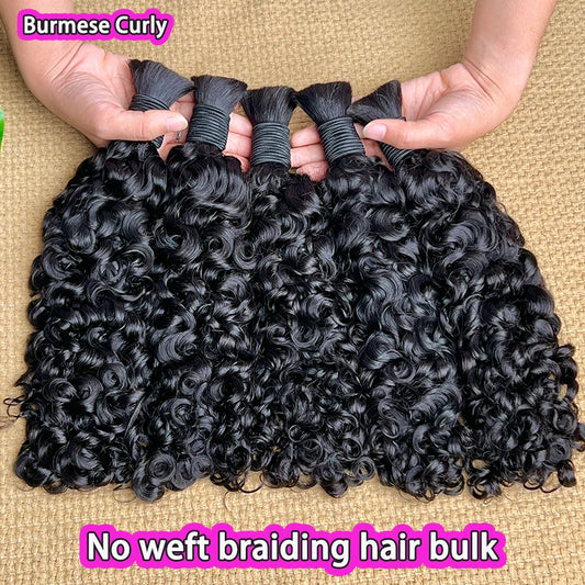 Burmese Curly Human Hair Bulk For Braiding Hair Extension 100 Grams #1B Natural Black Color No Weft Raw Virgin Boho Braids Hair