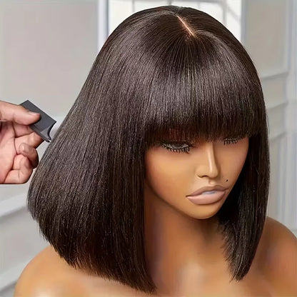 Straight Human Hair Bob Wigs With Bang Wigs 3x1 Middle Part Lace Wig Brazilian Natural Color 16 Inch