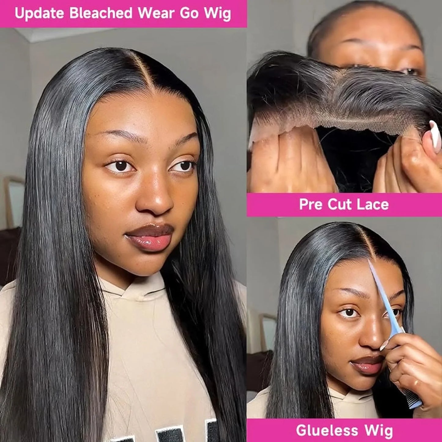 36inch Straight Ready To Wear And Go Glue-less Wig 100% Human Hair 13x6 HD Precut Lace Frontal Bob Wigs