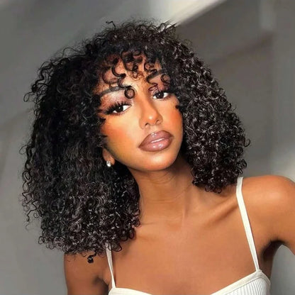Bob Wig Curly Human Hair Wig With Bangs 3x1 Lace Closure Bob Wig Natural Black 16 Inch Brazilian