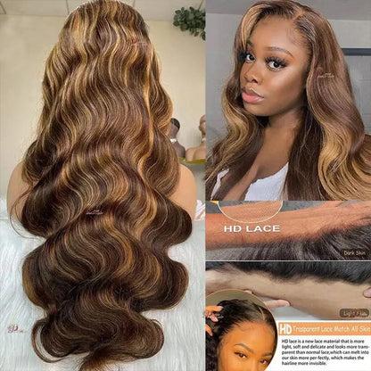 Body Wave Brazilian Highlight Wig Human Hair 30 Inch Lace Front Wigs P4/27 Ombre Honey Brown Hd Frontal Straight