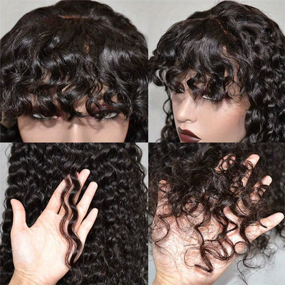 Bob Wig Curly Human Hair Wig With Bangs 3x1 Lace Closure Bob Wig Natural Black 16 Inch Brazilian