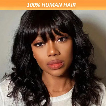 Body Wave Bob Wig With Bangs Short Human Hair Wigs 220% Density Loose Body Wave Brazilian Natural Black Color