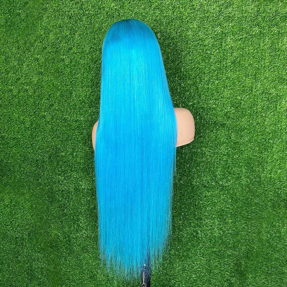 Brazilian Real Hair Blue Color Straight Human Hair Wigs 13×4 13*6 Transparent Lace Frontal Hair Wigs  For Women Lace Wigs 250