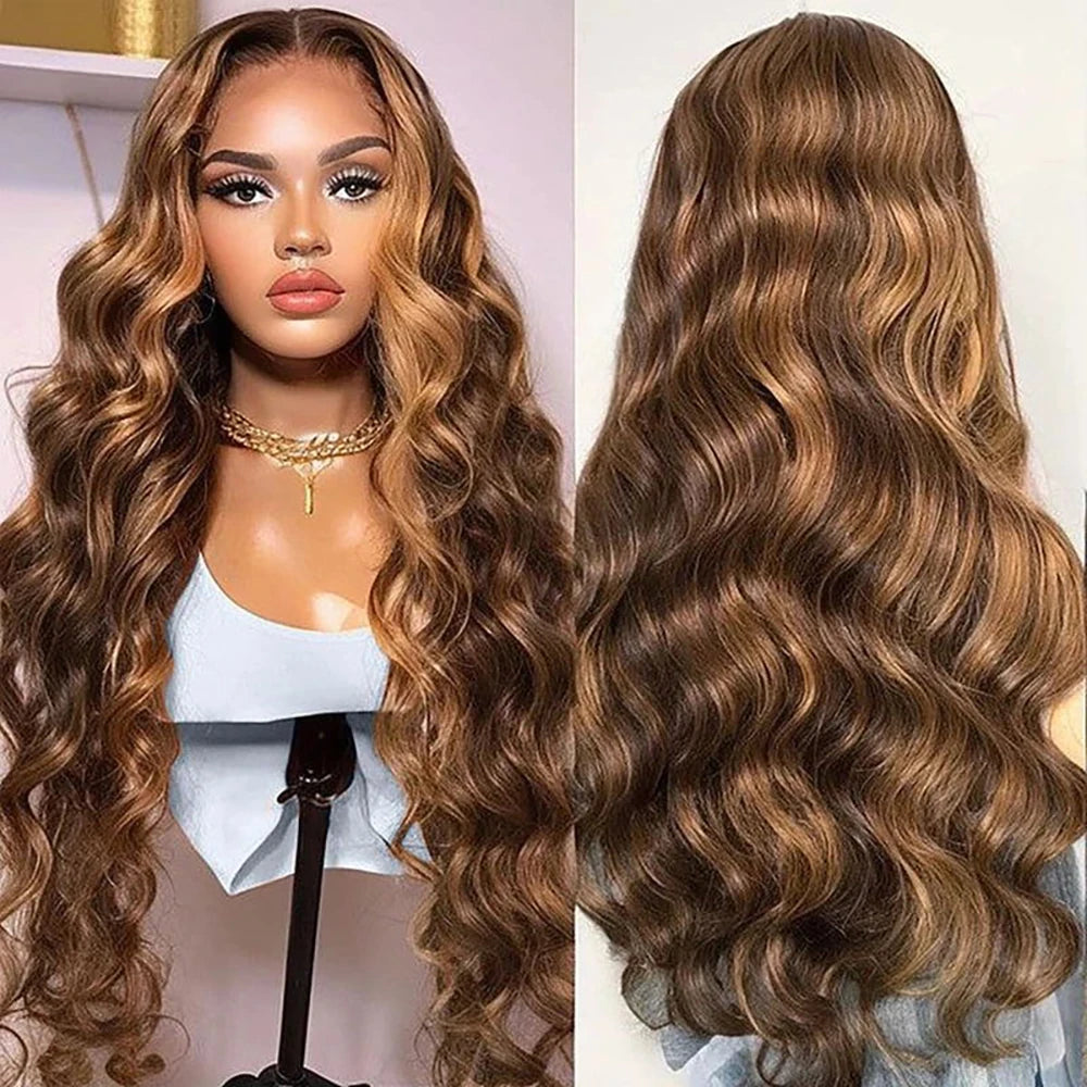 Body Wave Brazilian Highlight Wig Human Hair 30 Inch Lace Front Wigs P4/27 Ombre Honey Brown Hd Frontal Straight