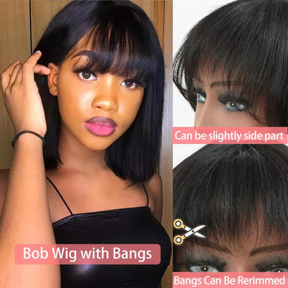 Straight Human Hair Bob Wigs With Bang Wigs 3x1 Middle Part Lace Wig Brazilian Natural Color 16 Inch