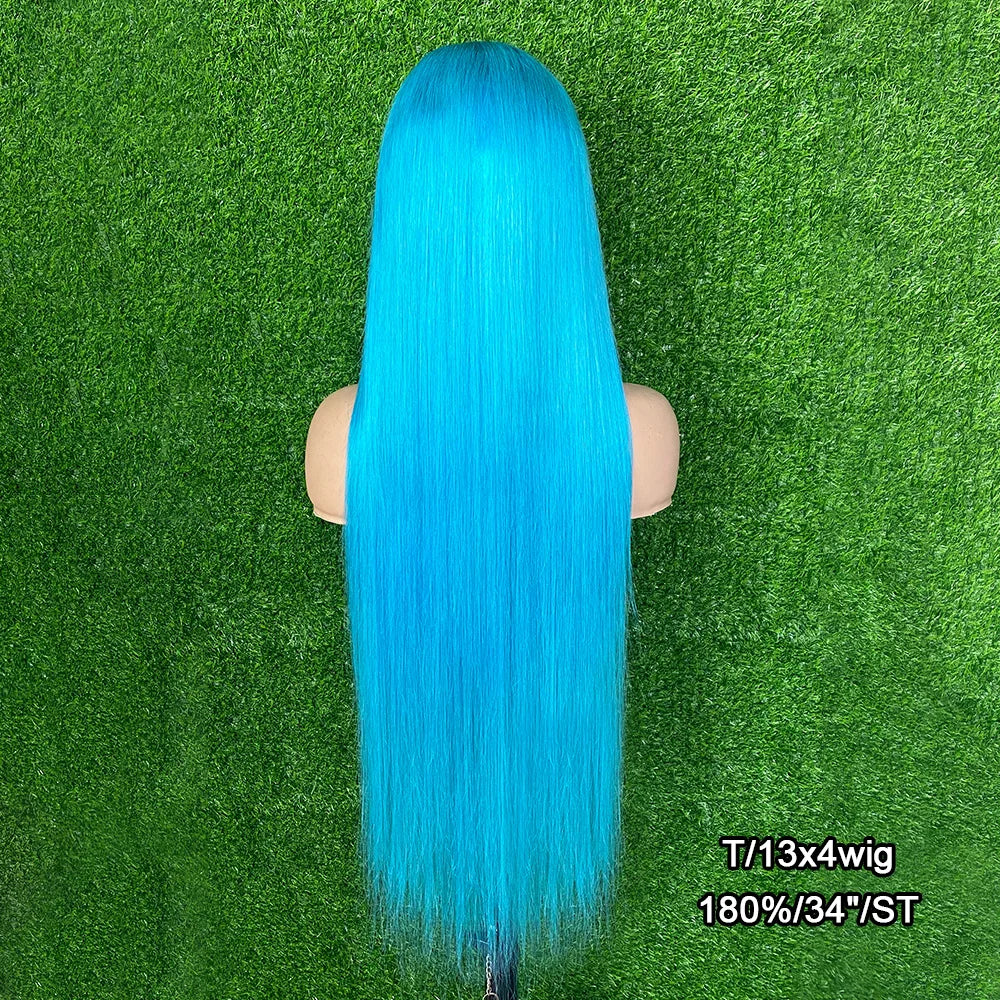 Brazilian Real Hair Blue Color Straight Human Hair Wigs 13×4 13*6 Transparent Lace Frontal Hair Wigs  For Women Lace Wigs 250