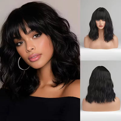 Body Wave Bob Wig With Bangs Short Human Hair Wigs 220% Density Loose Body Wave Brazilian Natural Black Color