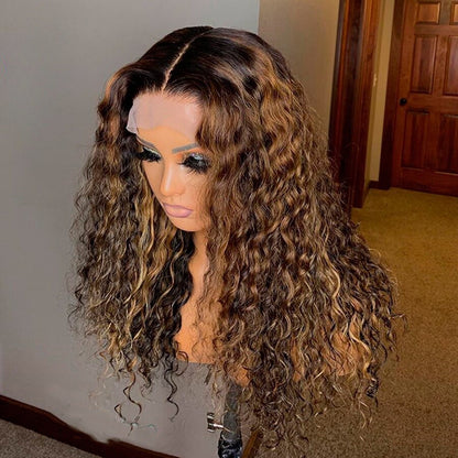 Highlight Lace Front Human Hair Wigs Ombre Curly Honey Blonde Pre-Plucked With Baby Hair