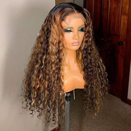 Highlight Lace Front Human Hair Wigs Ombre Curly Honey Blonde Pre-Plucked With Baby Hair