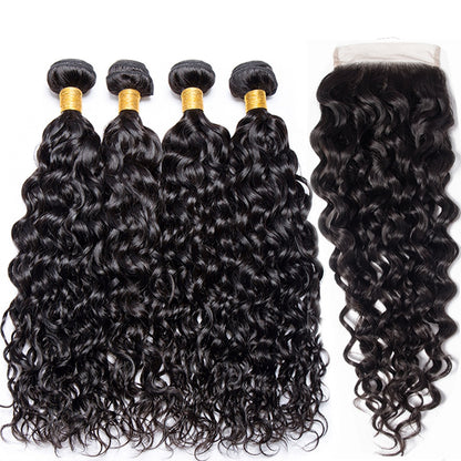 Malaysian Water Wave Bundles with Closure Wet and Wavy Curly Human Hair Bundles with Closure 4x4 Lace Remy Hair Extensions