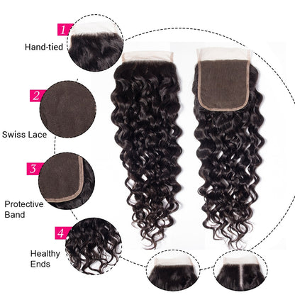 Malaysian Water Wave Bundles with Closure Wet and Wavy Curly Human Hair Bundles with Closure 4x4 Lace Remy Hair Extensions