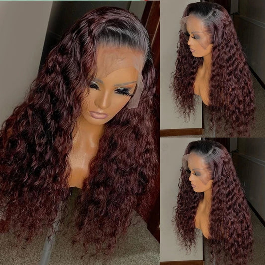 Pelucas de cabello humano con frente de encaje color borgoña 99j de onda profunda de Ombre rojo brasileño de 13x4 HD 