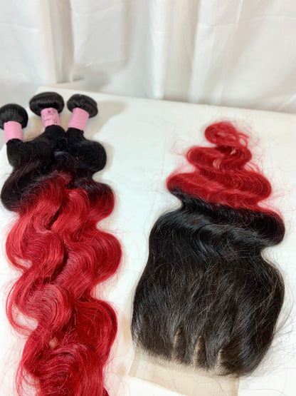 Foxy Red Brazilian Body Wave 3 Bundles With 3 Part Closure